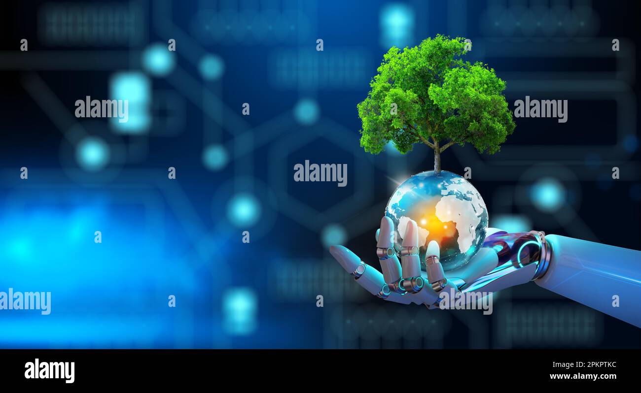 Robot hand holding Tree on crystal globe with technological convergence blue background. Green computing, csr, IT ethics, Nature technology interactio Stock Photo