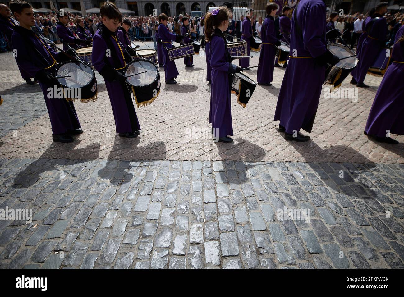 Several people play in a tamborrada maña, in the Plaza Mayor, on April