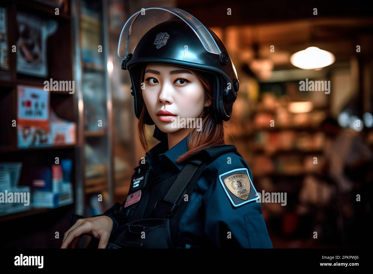 beautiful asian policewoman in uniform Stock Photo