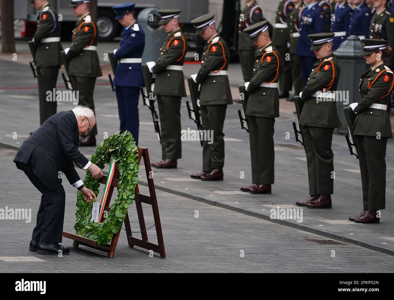 President of Ireland Michael D Higgins lays a wreath during a ceremony ...