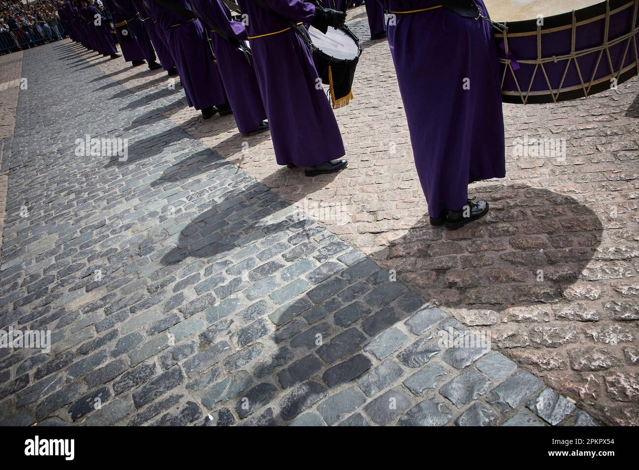 Several people play in a tamborrada in the Plaza Mayor, in Madrid