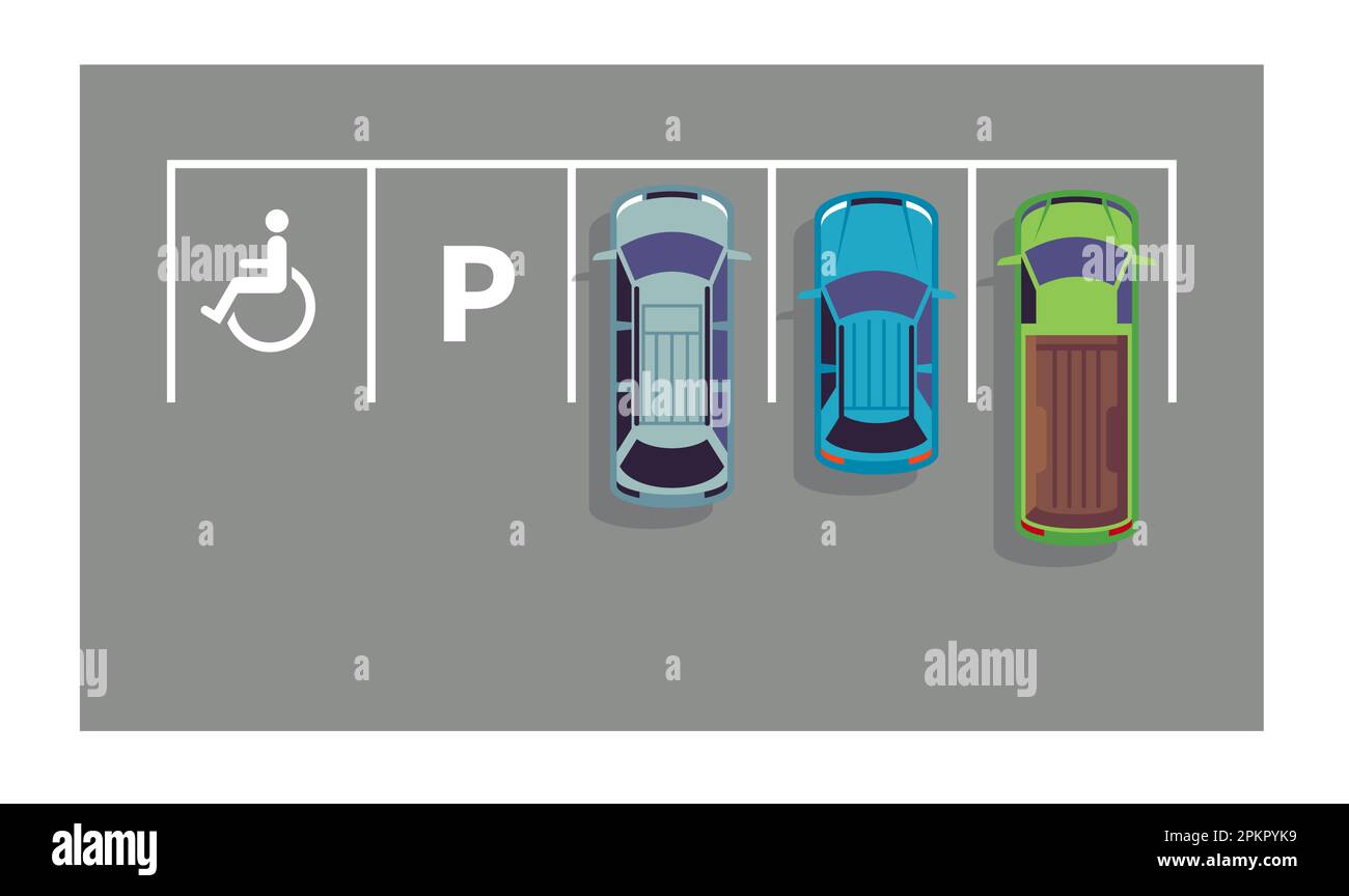 Free parking spaces for disabled, special sign on an asphalt road. Colored automobiles. Urban