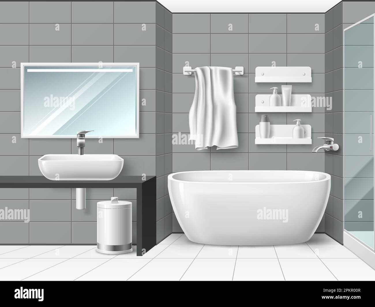 Realistic bathroom interior. 3d minimal wet room design, ceramic tiles
