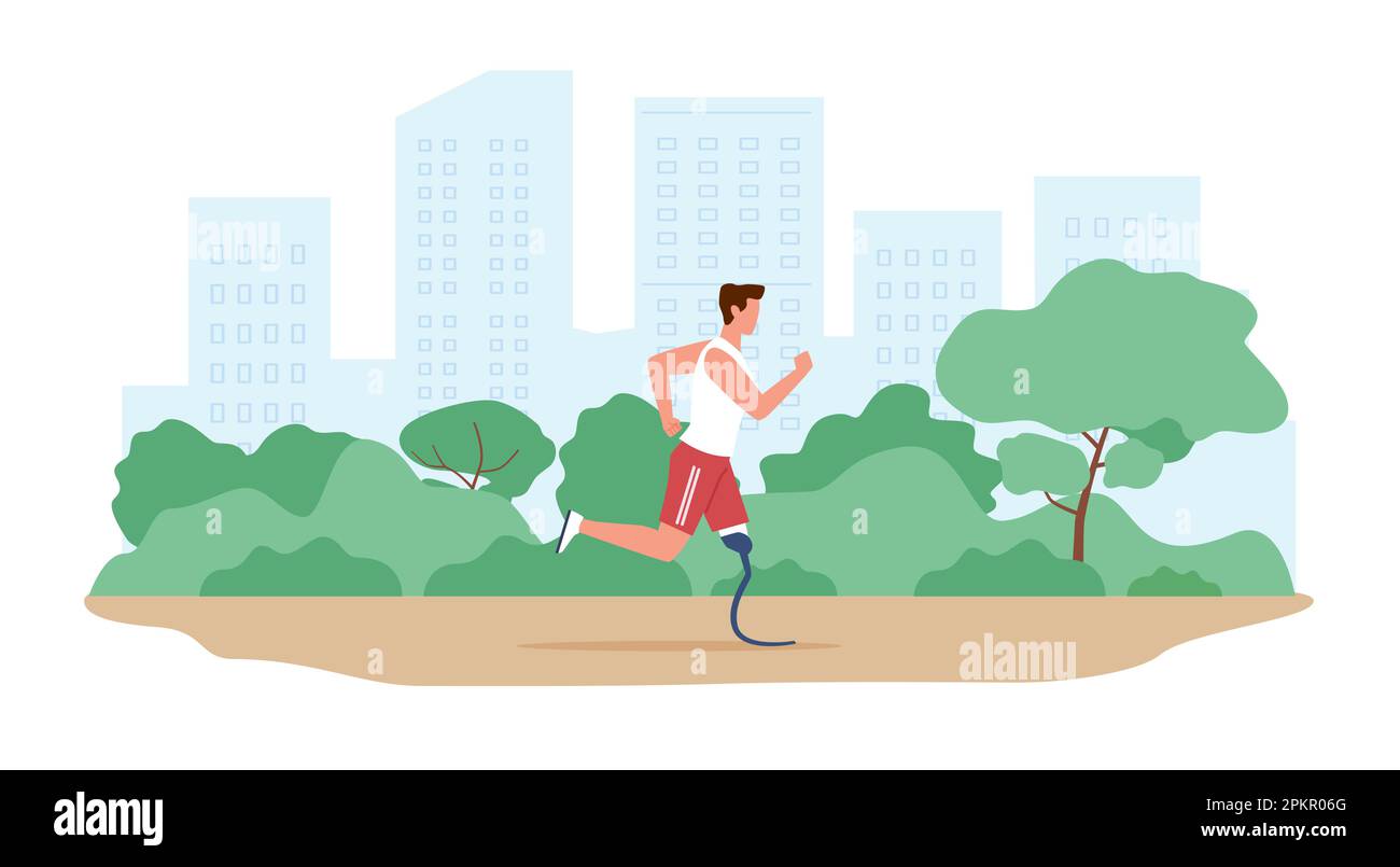 Young man with an amputated leg runs in city park in fresh air. Sportsman character with prosthetic legs jogging outdoors. Healthy lifestyle. Cartoon Stock Vector