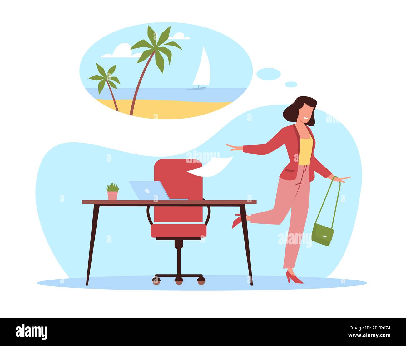 Woman runs away from office with dreams of vacation to sea. Office interior. Dreaming character about summer beach vacation, woman with thought bubble Stock Vector
