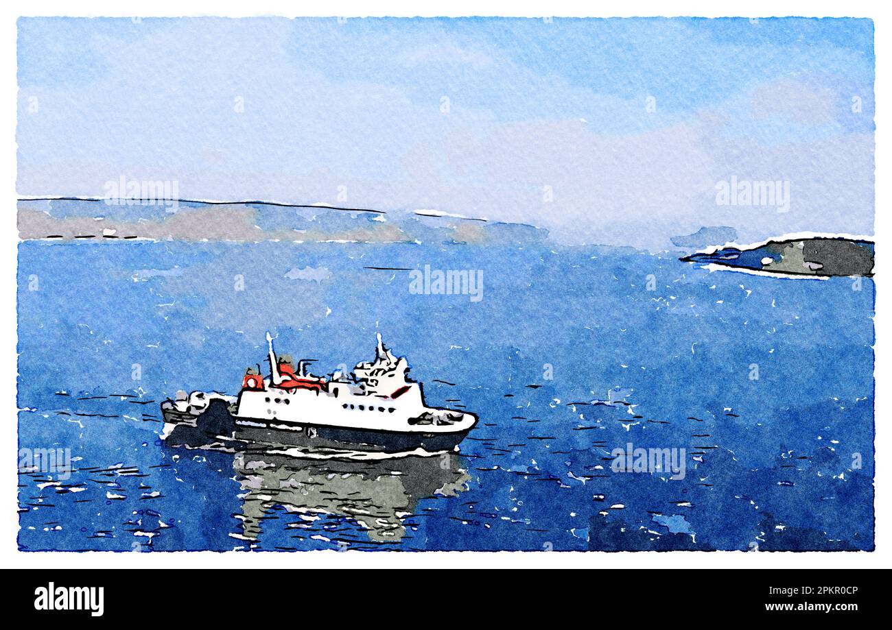 Ferry ship arriving at Scottish town of Wemyss Bay, a digital filter applied to photo, original photo and copyright owned by the uploader. Stock Photo