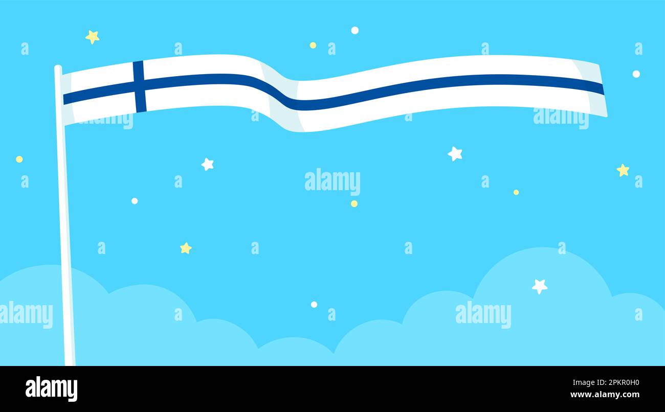 Flag of Finland waving in the sky. Simple cartoon Finnish flag and stars on blue background, banner template. Vector illustration. Stock Vector