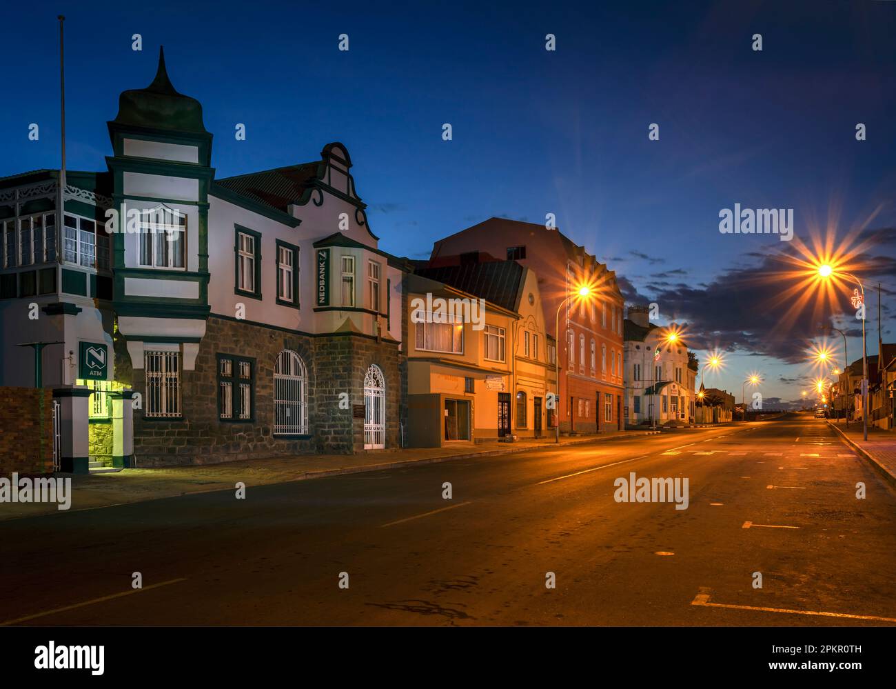 Bismarck Street, the main street through Luederitz still lies in quietude before the morning dawn. Stock Photo
