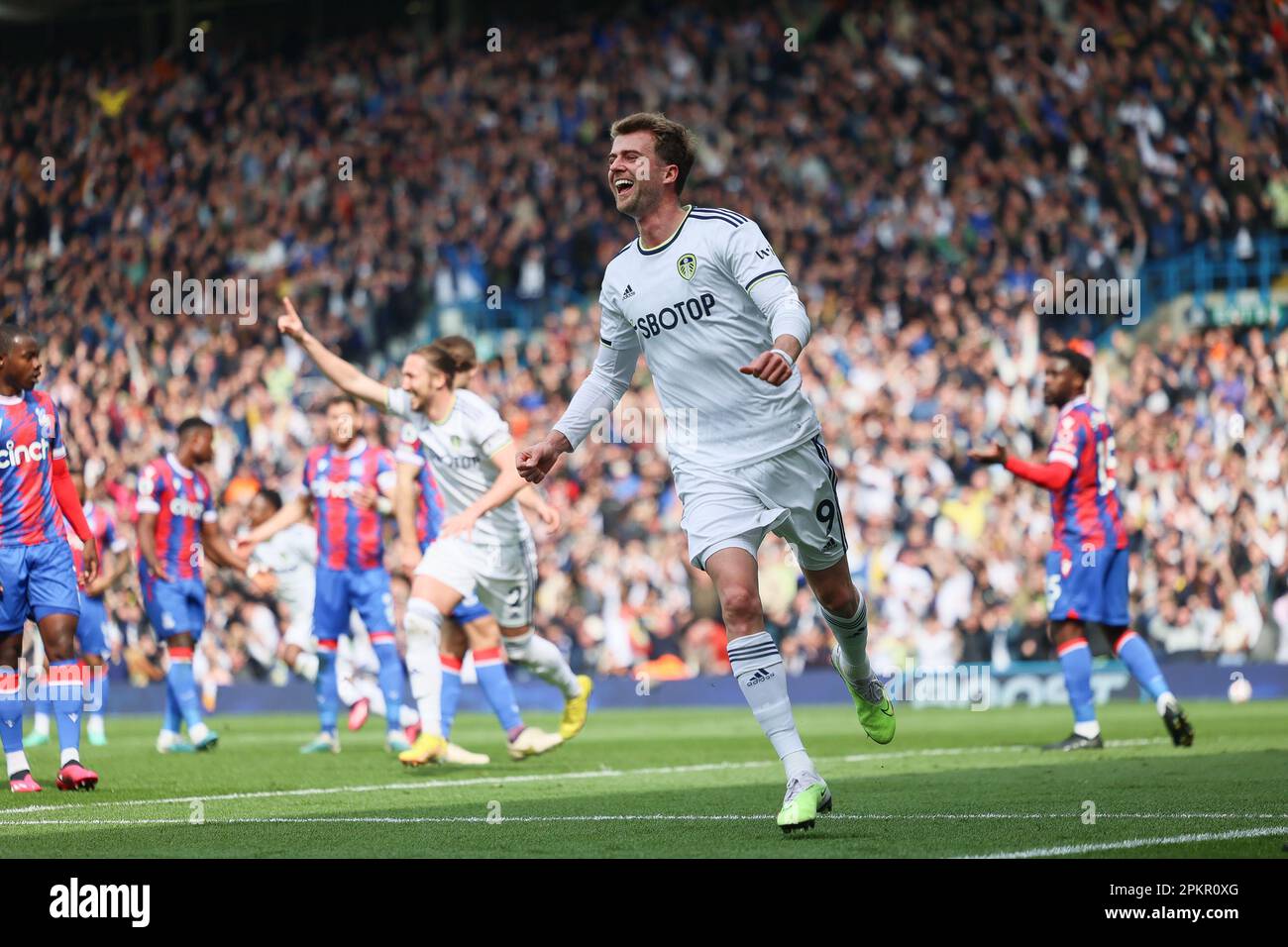 Leeds, UK. 9th Apr 2023. Patrick Bamford of Leeds United scores his team's first goal during the Premier League match between Leeds United and Crystal Palace at Elland Road, Leeds on Sunday 9th April 2023. (Photo: Pat Scaasi | MI News) Credit: MI News & Sport /Alamy Live News Stock Photo