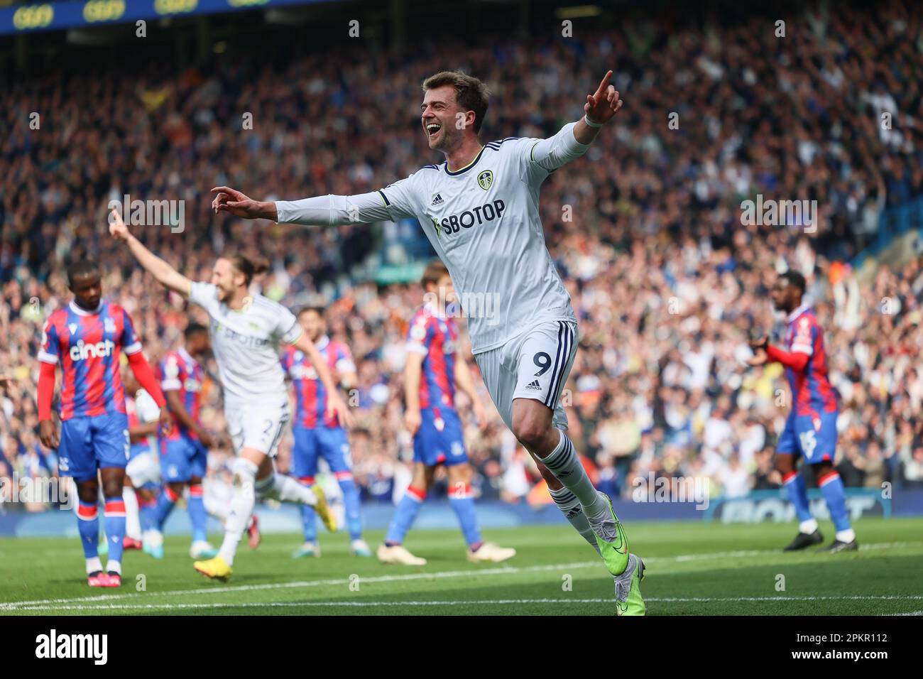 Leeds, UK. 9th Apr 2023. Patrick Bamford of Leeds United scores his team's first goal during the Premier League match between Leeds United and Crystal Palace at Elland Road, Leeds on Sunday 9th April 2023. (Photo: Pat Scaasi | MI News) Credit: MI News & Sport /Alamy Live News Stock Photo