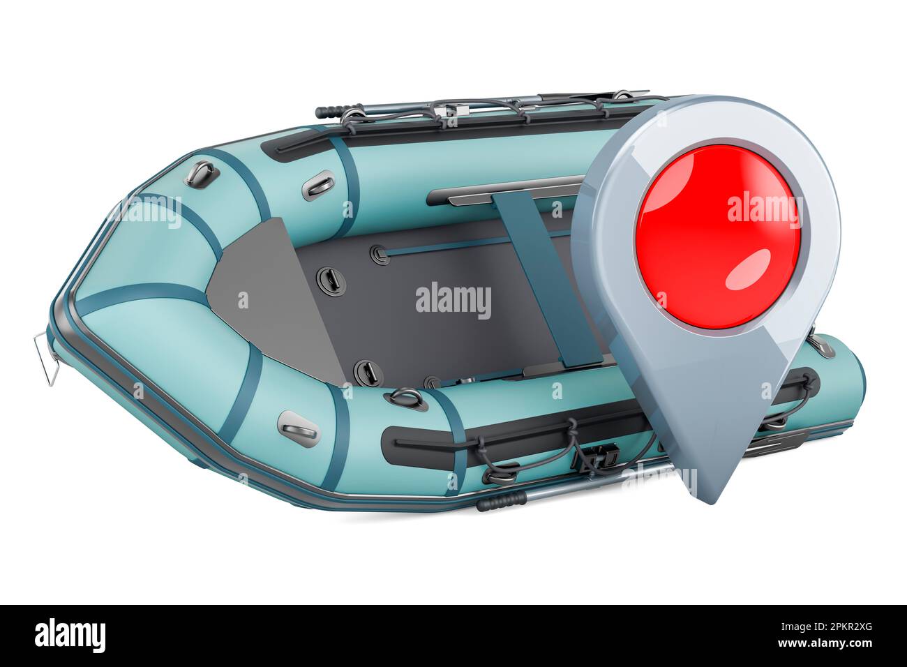 Inflatable boat with map pointer, 3D rendering isolated on white background Stock Photo