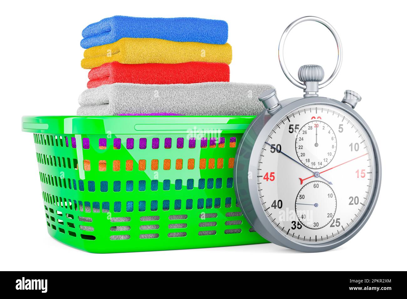 Laundry basket full of clean clothes with stopwatch, 3D rendering ...