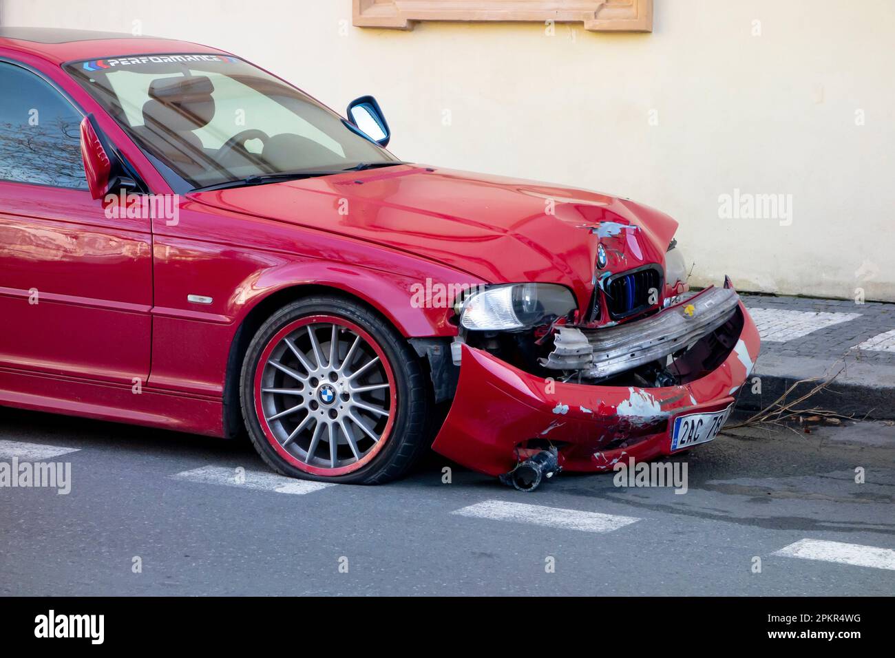 PRAGUE, CZECH REPUBLIC - NOVEMBER 13, 2022: Damaged BMW 3-Series E46 Coupe after frontal crash on a street Stock Photo