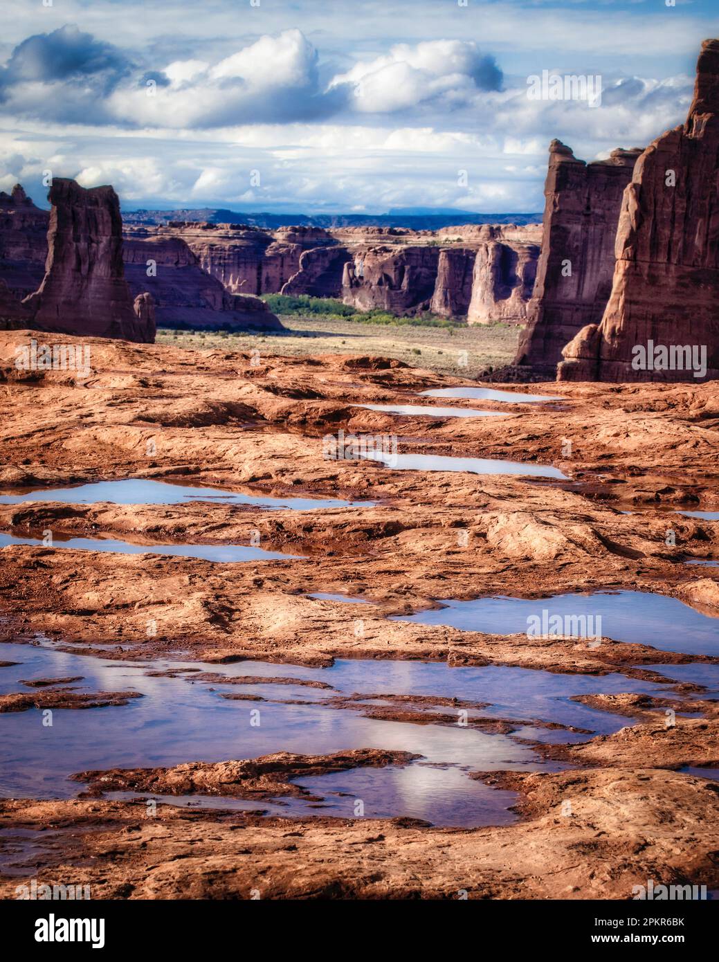 Puddles fill the contours of the rock surface in a view toward Courthouse Wash in Arches National Park, Utah. Stock Photo