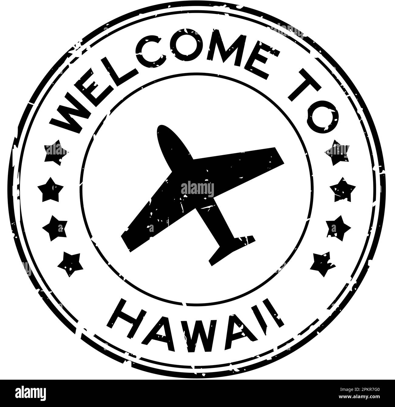 Grunge black welcome to word hawaii with plane icon round rubber seal stamp on white background Stock Vector