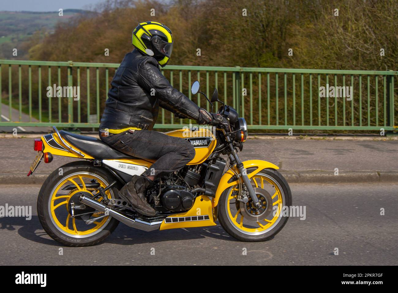 1980 80s eighties Yamaha RD350 Parallel Twin Motorcycle Sports Petrol 347 cc; crossing motorway bridge in Greater Manchester, UK Stock Photo
