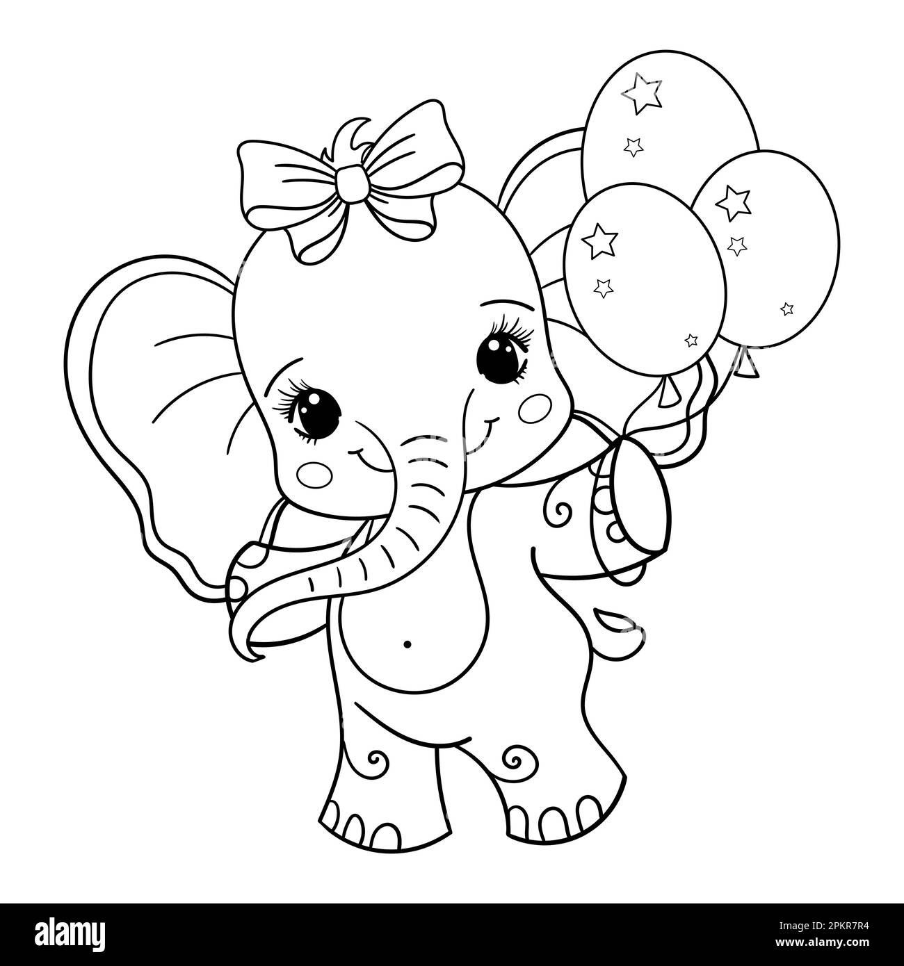 Cheerful baby elephant. Black and white linear drawing. Vector Stock