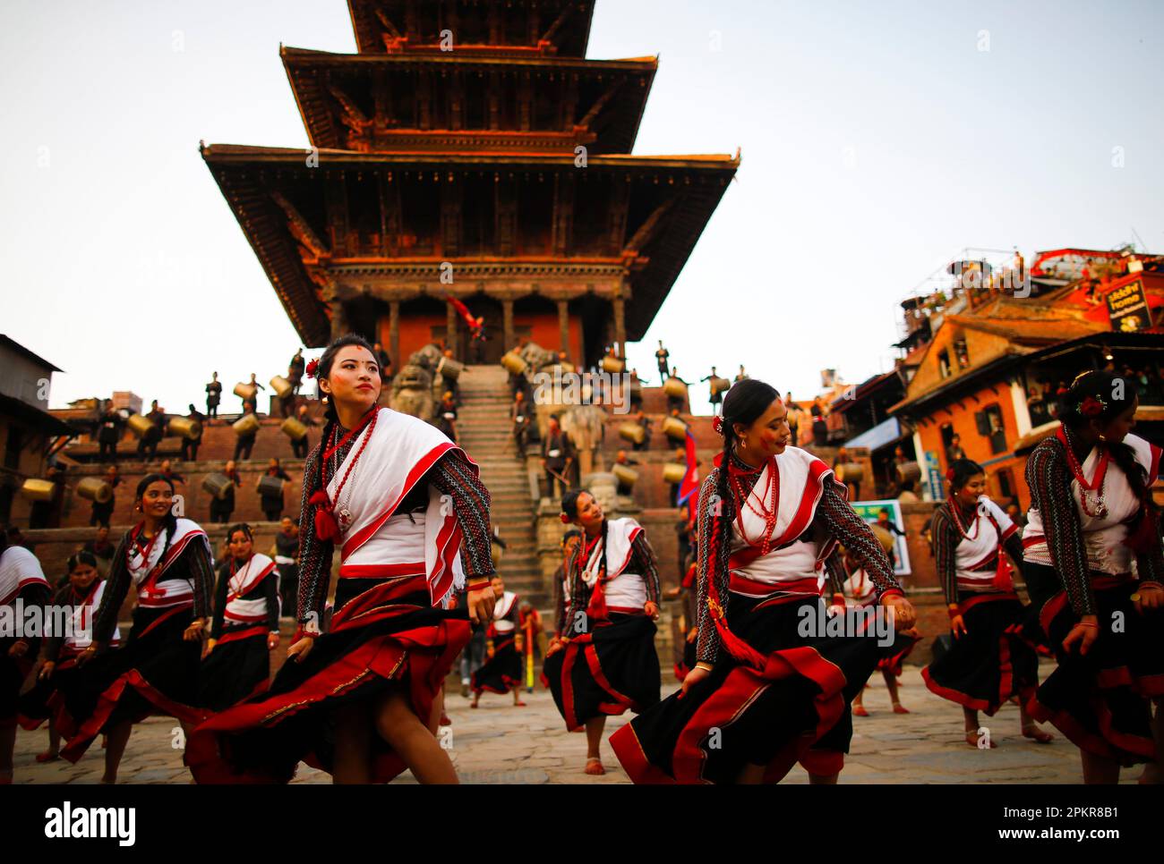 April 9, 2023, Bhaktapur, Nepal: Nepalese women dressed in cultural