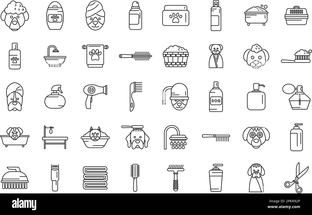 Dogs spa icons set outline vector. Grooming shower. Animal spa Stock Vector