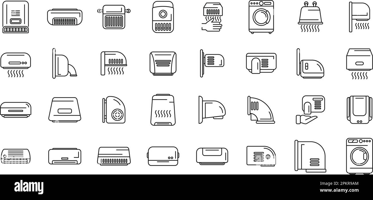 Automatic drying machine icons set outline vector. Air bathroom. Clean blower Stock Vector