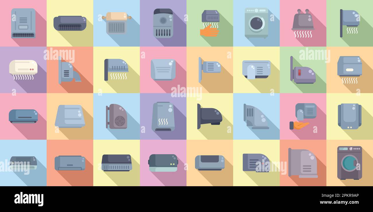Automatic drying machine icons set flat vector. Air bathroom. Clean blower Stock Vector