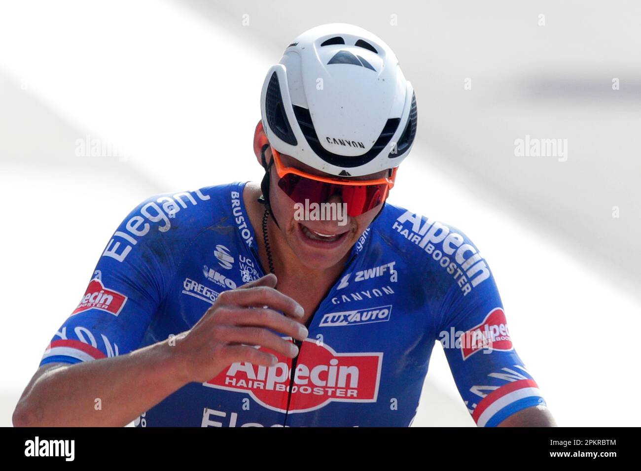 Mathieu Van der Poel, of the Netherlands, reacts as he crosses the ...
