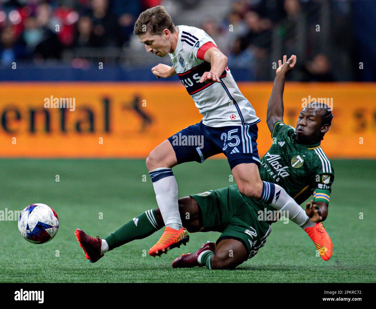 Vancouver, Canada. 8th Apr, 2023. Vancouver Whitecaps FC's Ryan Gauld (L) vies with Portland Timbers' Diego Chara during the 2023 Major League Soccer (MLS) regular season match in Vancouver, Canada, April 8, 2023. Credit: Andrew Soong/Xinhua/Alamy Live News Stock Photo