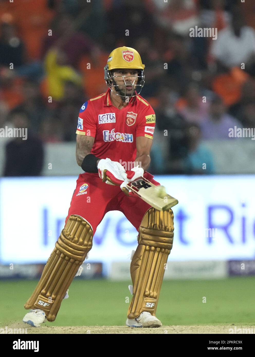Punjab Kings' captain Shikhar Dhawan lifts for six during the Indian