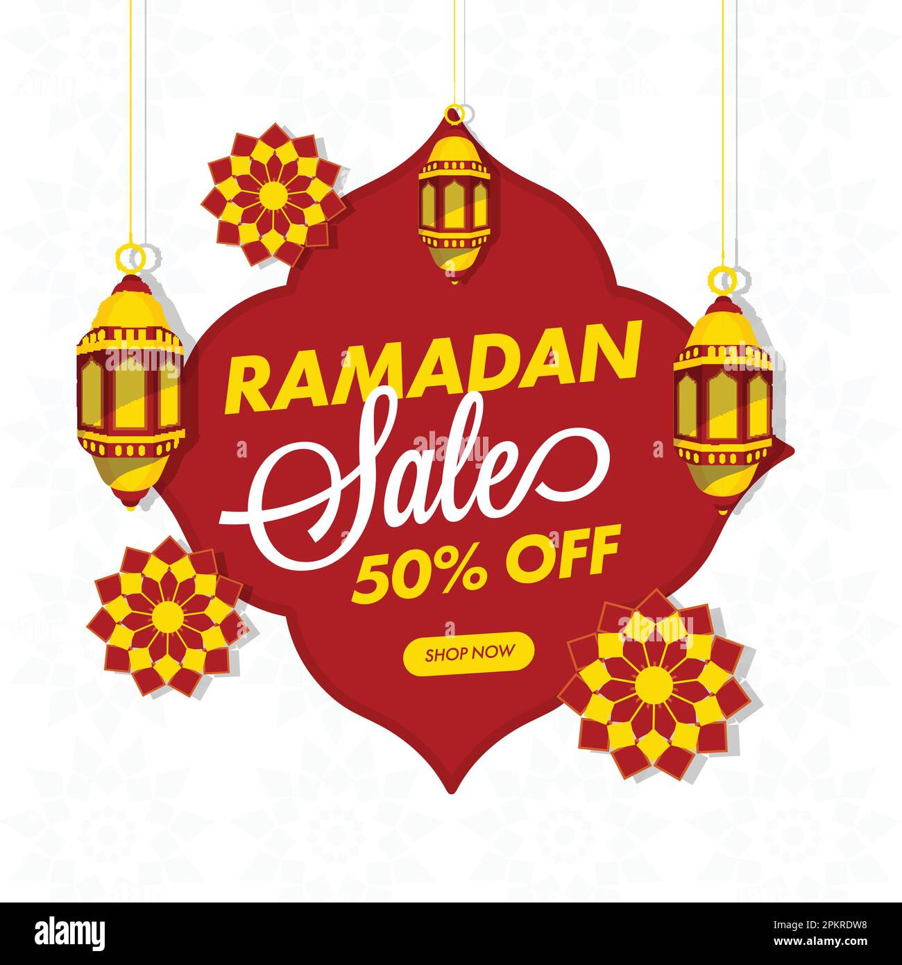 UP TO 50% Off For Ramadan Sale Poster Design With Hanging Lanterns And Islamic Pattern. Stock Vector