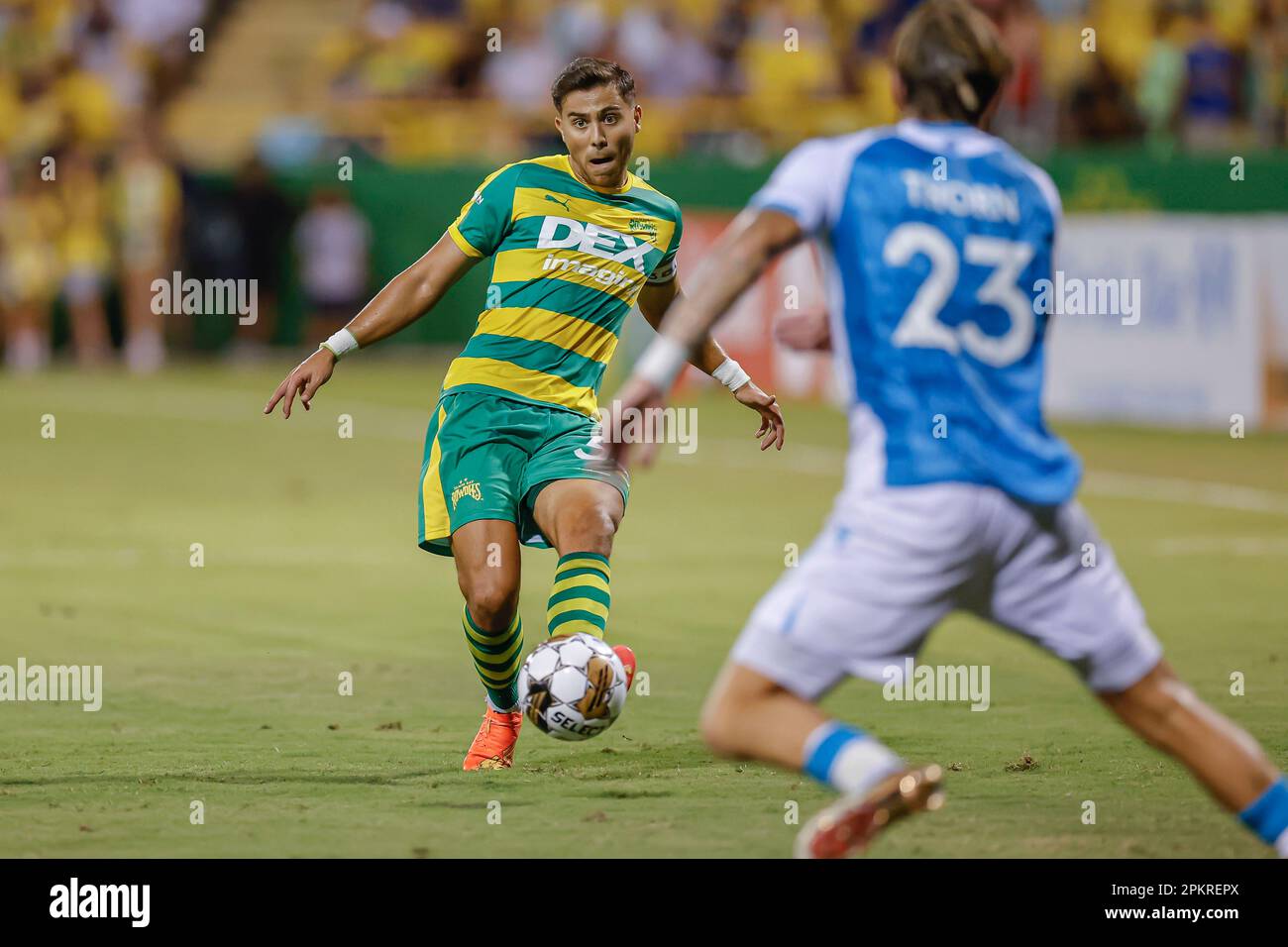 St. Petersburg, United States. 08th Apr, 2022. St. Petersburg, FL: Tampa  Bay Rowdies defender Aaron Guillen (33) goes up for a header during a USL  soccer game against Miami FC, Saturday, April