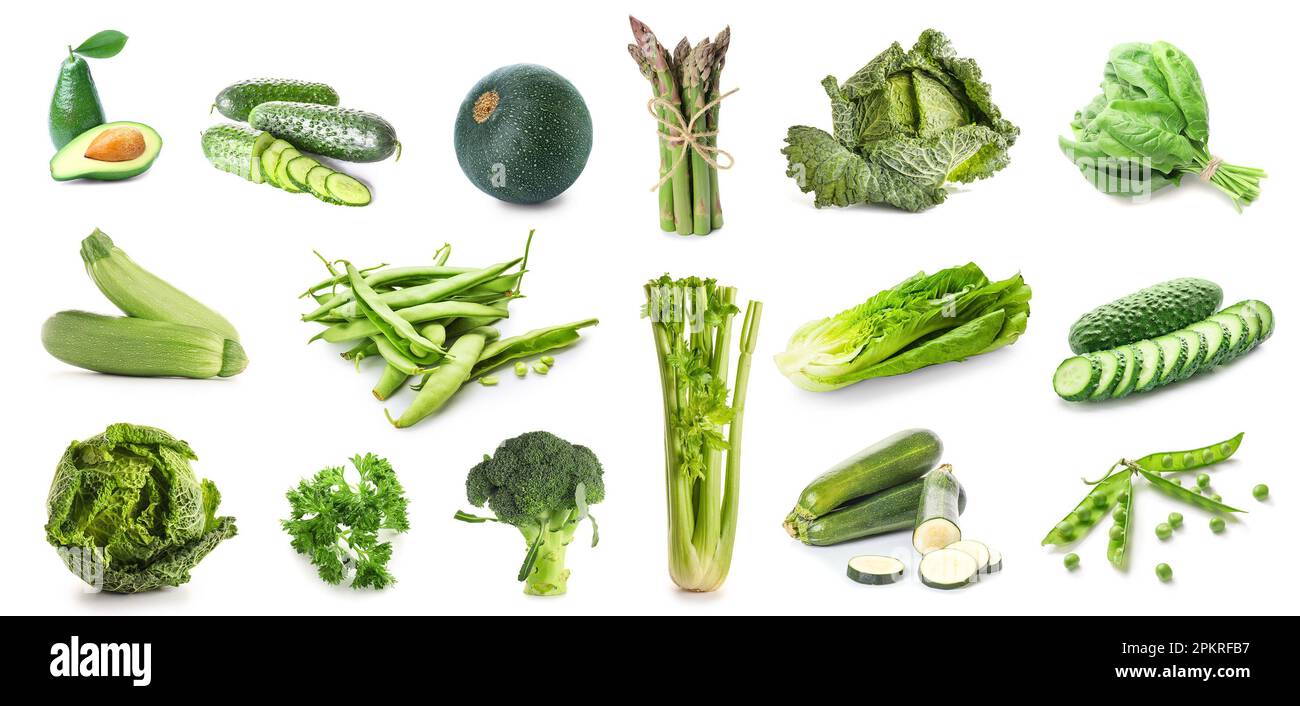 Set of fresh green vegetables on white background Stock Photo Alamy