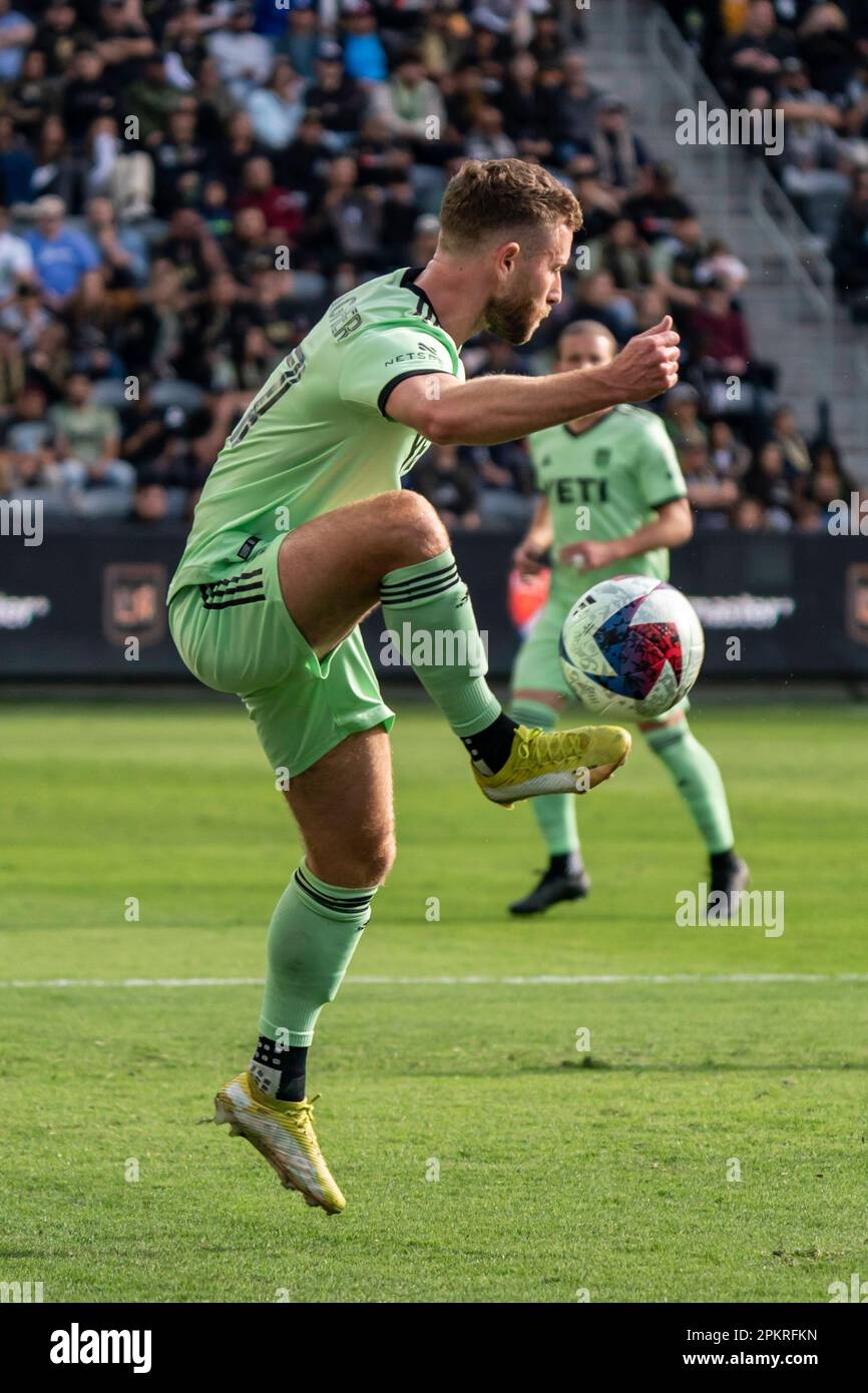 Austin FC forward Jon Gallagher (17) controls a pass during a MLS match against the LAFC, Saturday, April 8, 2023, at the BMO Stadium, in Los Angeles, Stock Photo