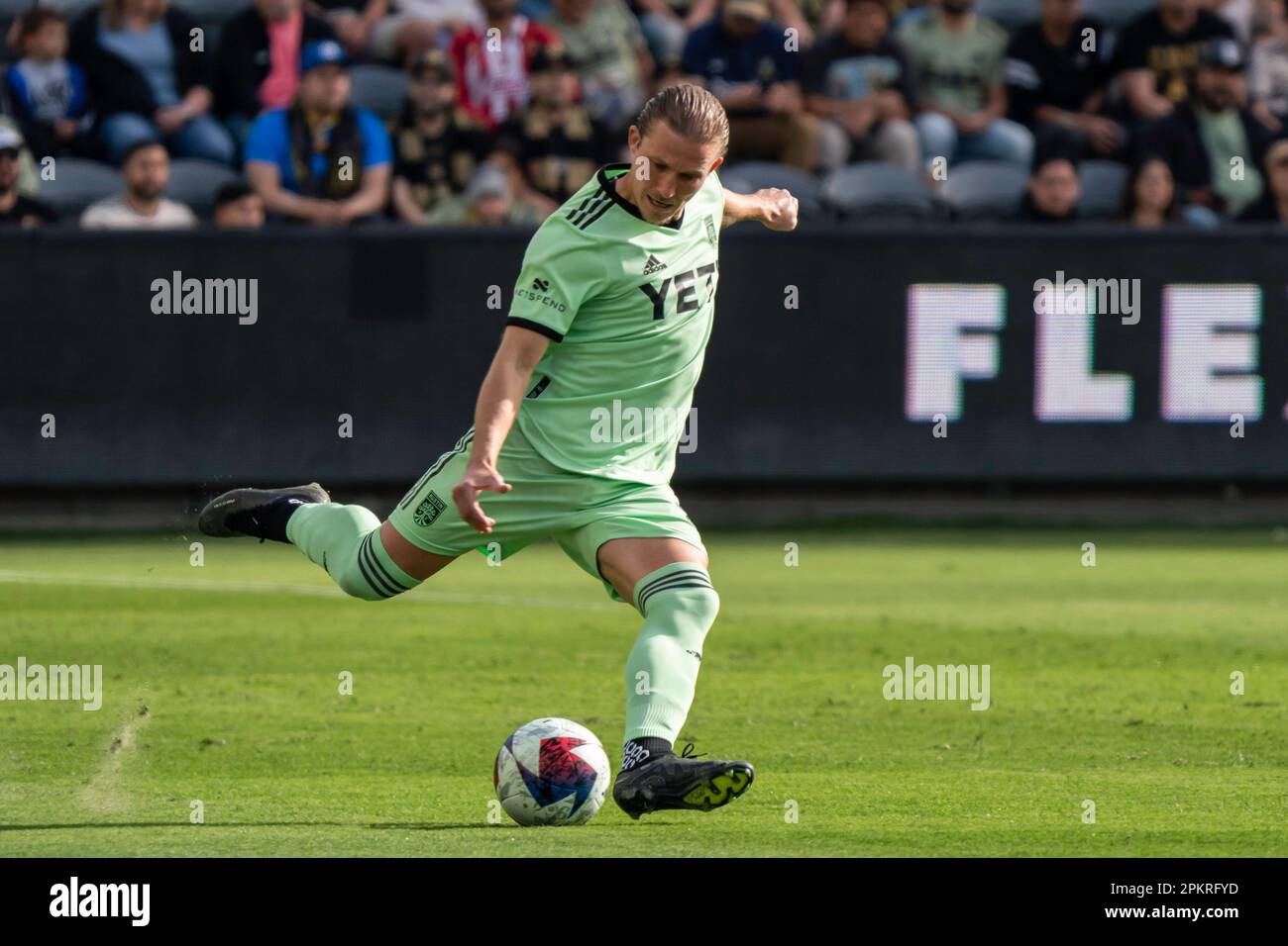 Austin FC midfielder Alexander Ring (8) sends a pass during a MLS match against the Austin FC, Saturday, April 8, 2023, at the BMO Stadium, in Los Ang Stock Photo