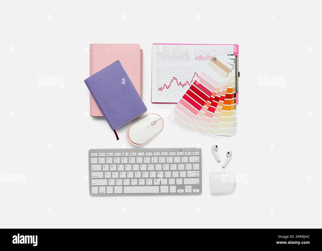 Notepad Documents Composition with keyboard, notepad, documents and mouse on white ...
