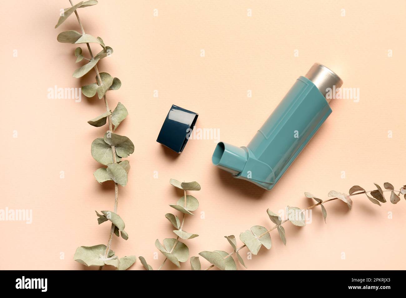 Asthma inhaler with eucalyptus branches on beige background Stock Photo
