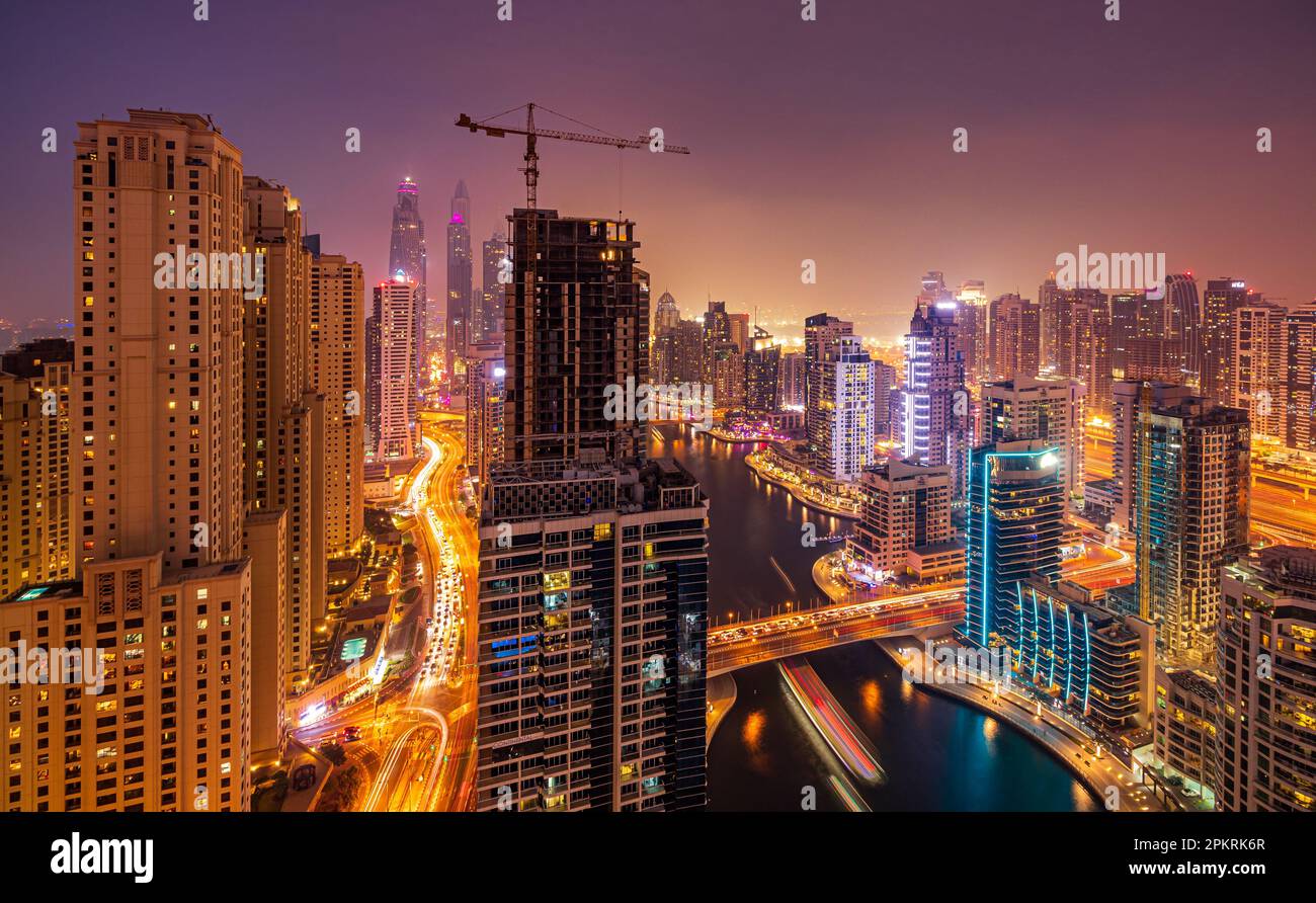 Panoramic View of the Dubai Marina skyline showing the city's urban cityscape. Stock Photo