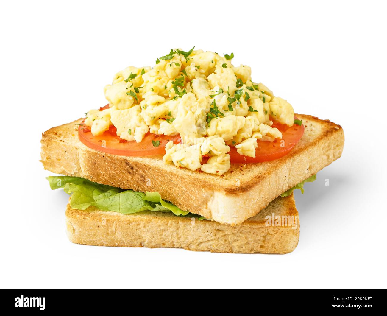 Tasty scrambled eggs sandwich on white background Stock Photo - Alamy