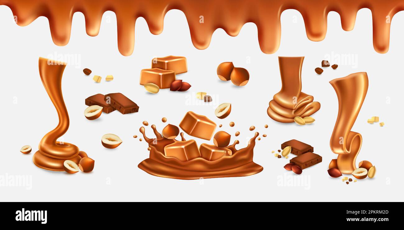 3d caramel toffee, melting liquid sugar drip. Sticky candy syrup