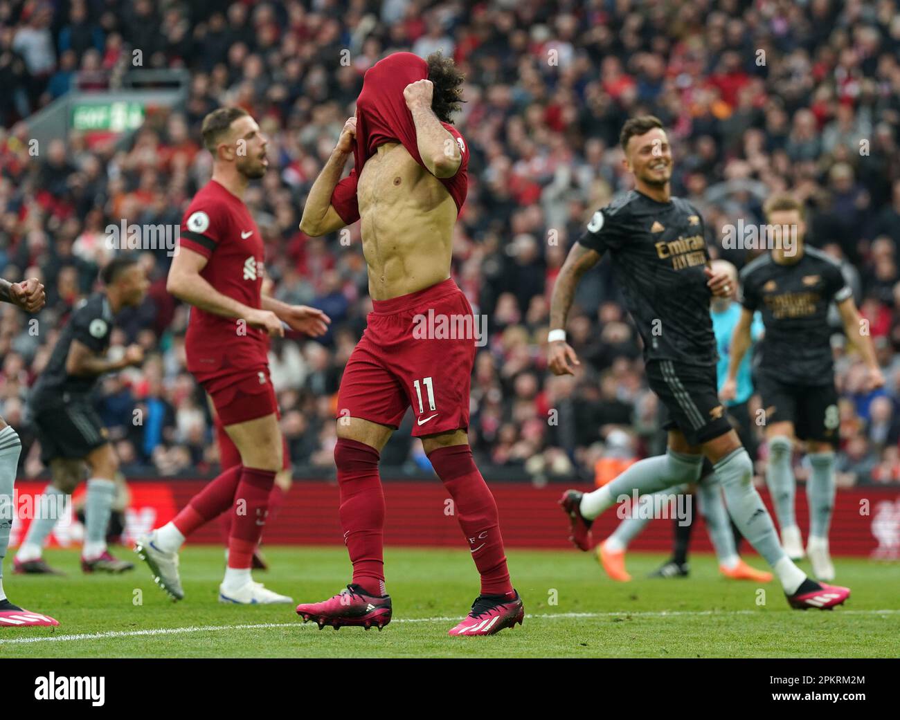 Liverpool's Mohamed Salah reacts after missing with his penalty during the Premier League match at Anfield, Liverpool. Picture date: Sunday April 9, 2023. Stock Photo