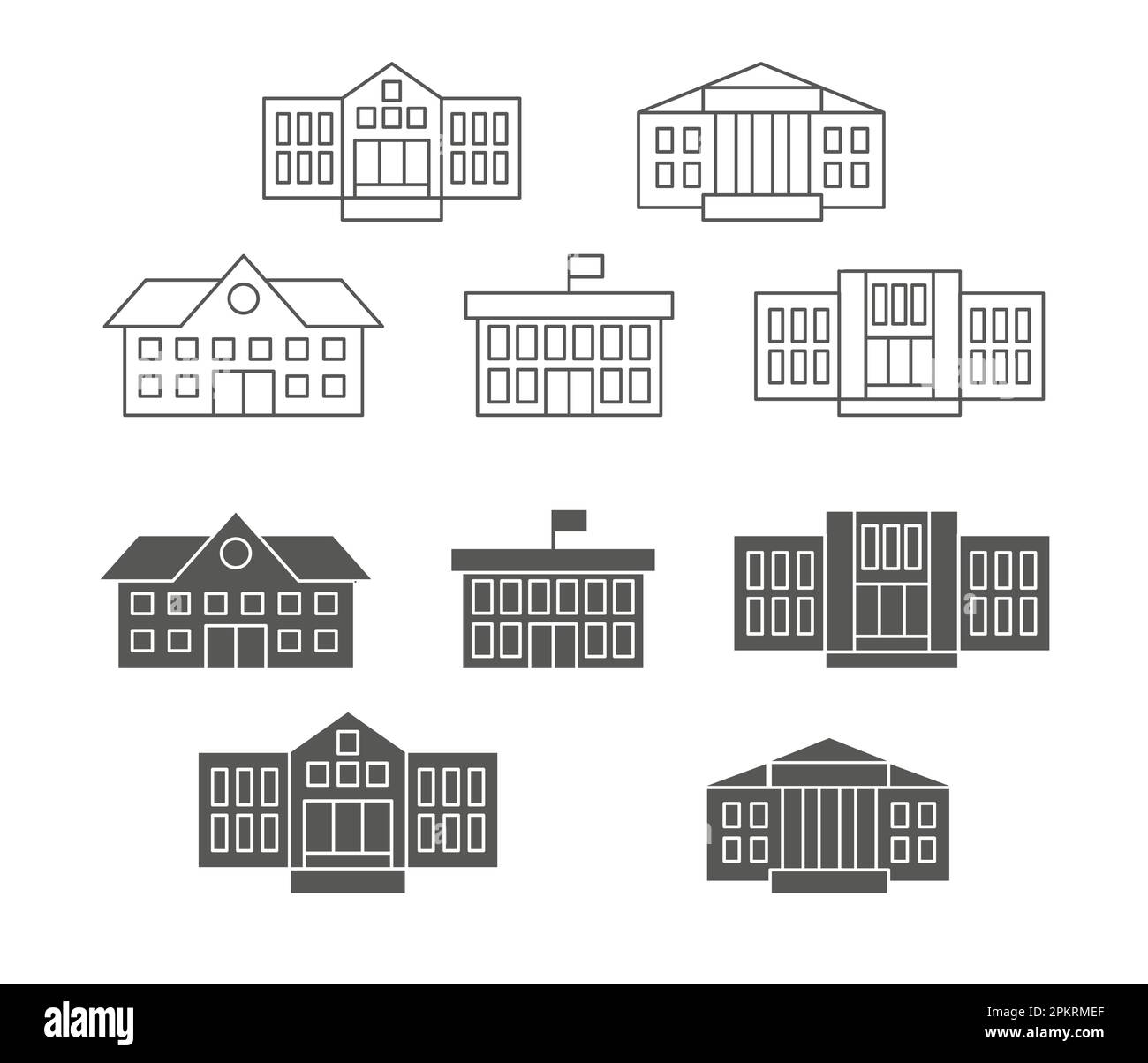 School education. University campus. College icons. High public buildings. Elementary facility. Library and preschool studying. Line or silhouette schoolhouse architecture. Vector outline symbols set Stock Vector