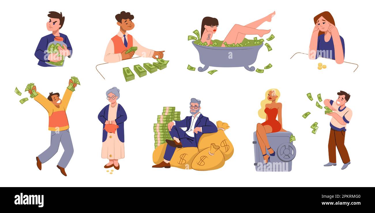 Poverty and richness characters. Money spending. Success and careless finance people. Businessman or investor. Woman employee unequal salary. Rich generous person. Stingy man. Vector flat concepts set Stock Vector