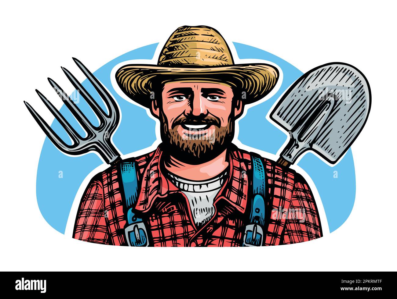 Happy farmer with gardening tools. Farm worker with shovel and ...