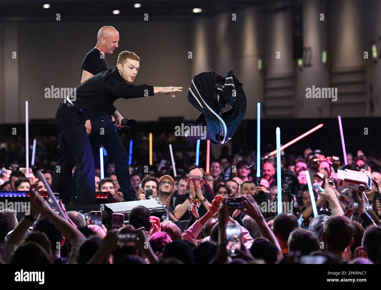 EDITORIAL USE ONLY Actor Cameron Monaghan who plays Cal Kestis in new  action adventure game EA Star Wars Jedi: Survivor, and Director Stig  Asmussen on day 3 of Star Wars Celebration Europe