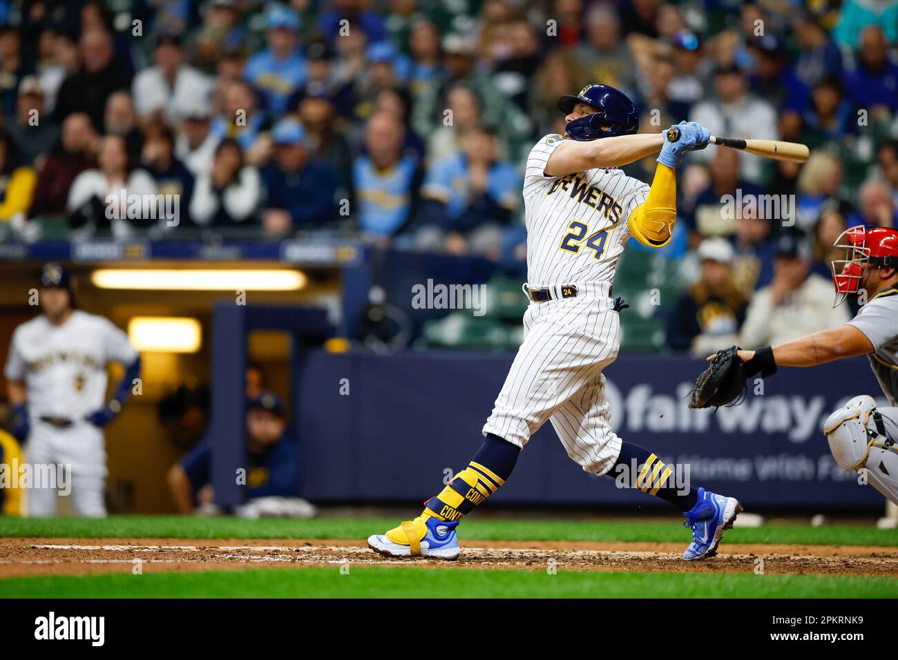 Milwaukee, United States Of America. 08th Apr, 2023. April 8, 2023:  Milwaukee Brewers catcher William Contreras (24) hits a ball during the game  between the Milwaukee Brewers and the St. Louis Cardinals