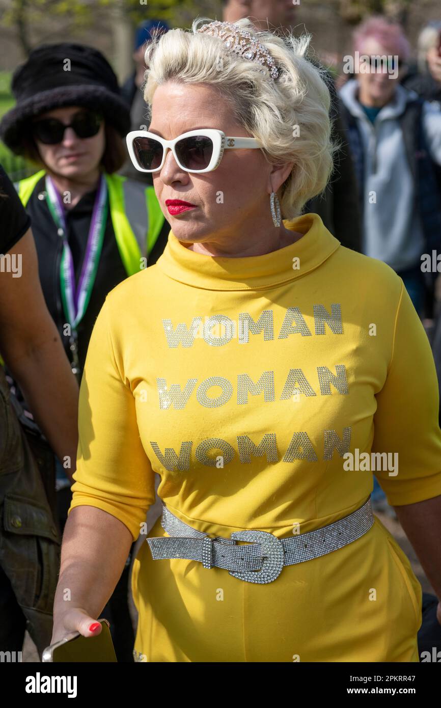 Kellie-Jay Keen-Minshull (yellow jumpsuit), also known as Kellie-Jay Keen and Posie Parker, a self described women's rights campaigner but also descri Stock Photo