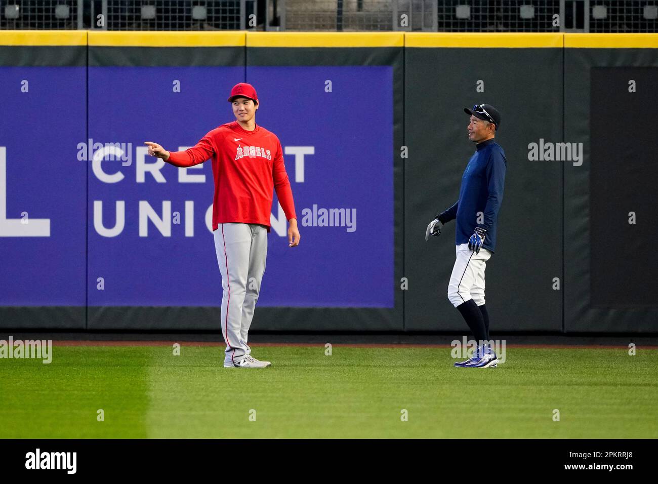 Los Angeles Angels two-way player Shohei Ohtani (L) and former Seattle  Mariners star Ichiro Suzuki talk before a spring training game in Peoria,  Arizona, on March 17, 2021. (Kyodo)==Kyodo Photo via Credit