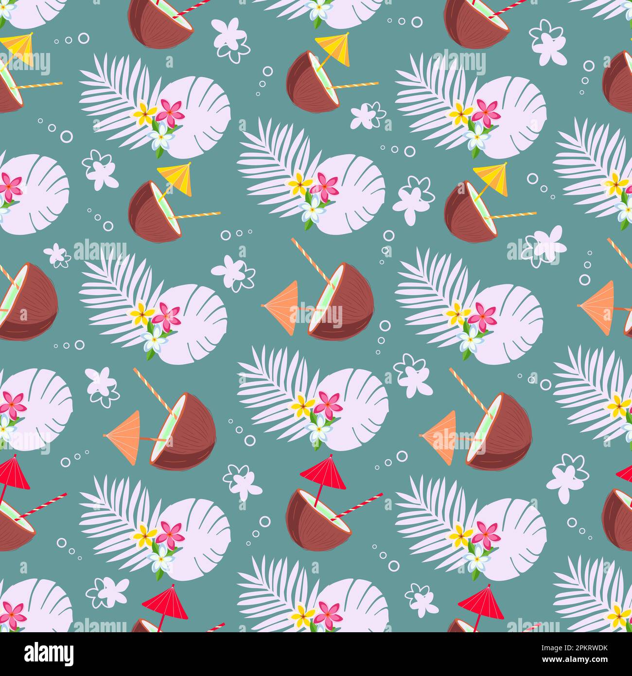 Vector summer seamless pattern with coconut cocktail, tropical leaves ...