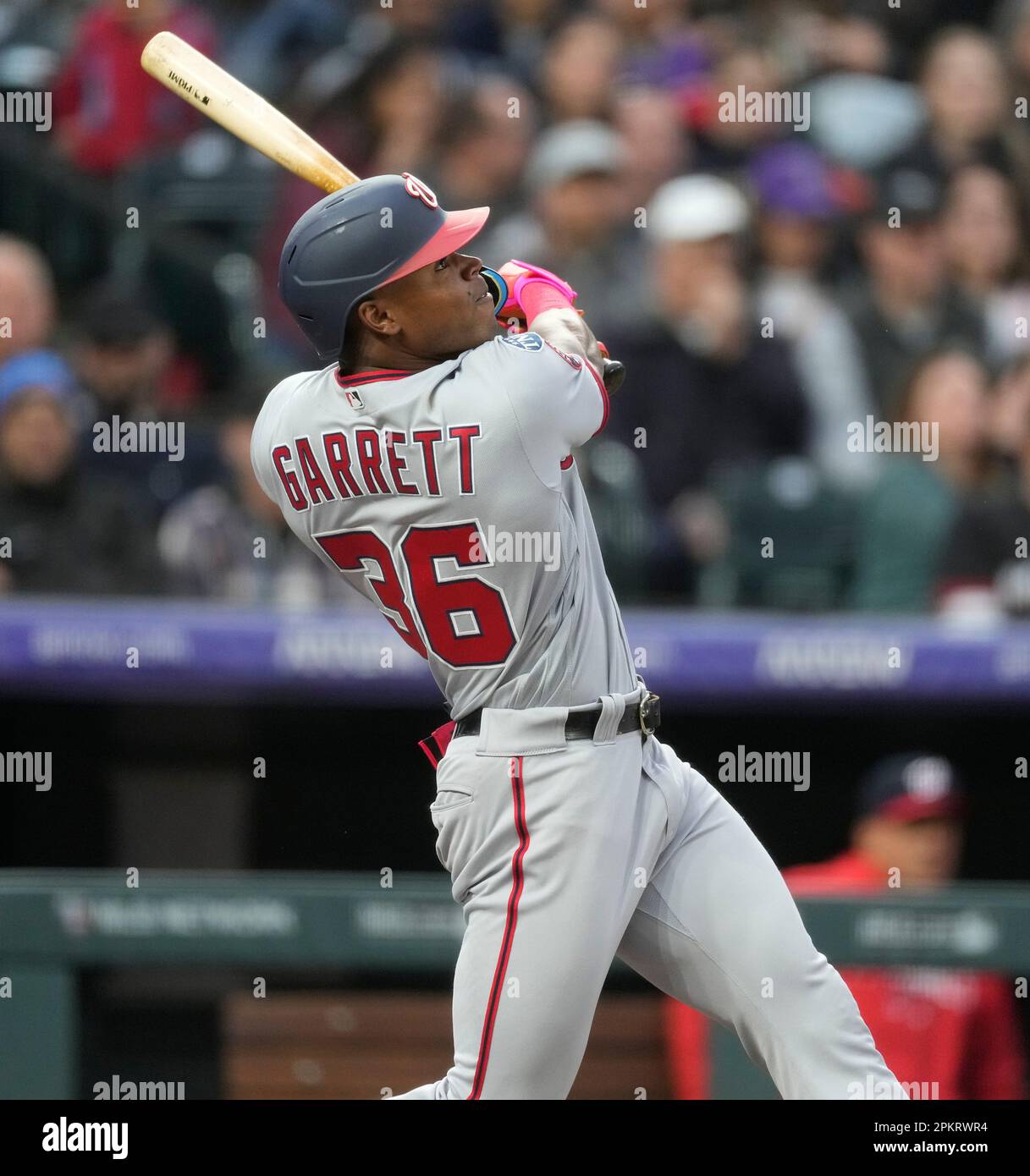 Washington Nationals left fielder Stone Garrett (36) in the third inning of  a baseball game Saturday, April 8, 2023, in Denver. (AP Photo/David  Zalubowski Stock Photo - Alamy