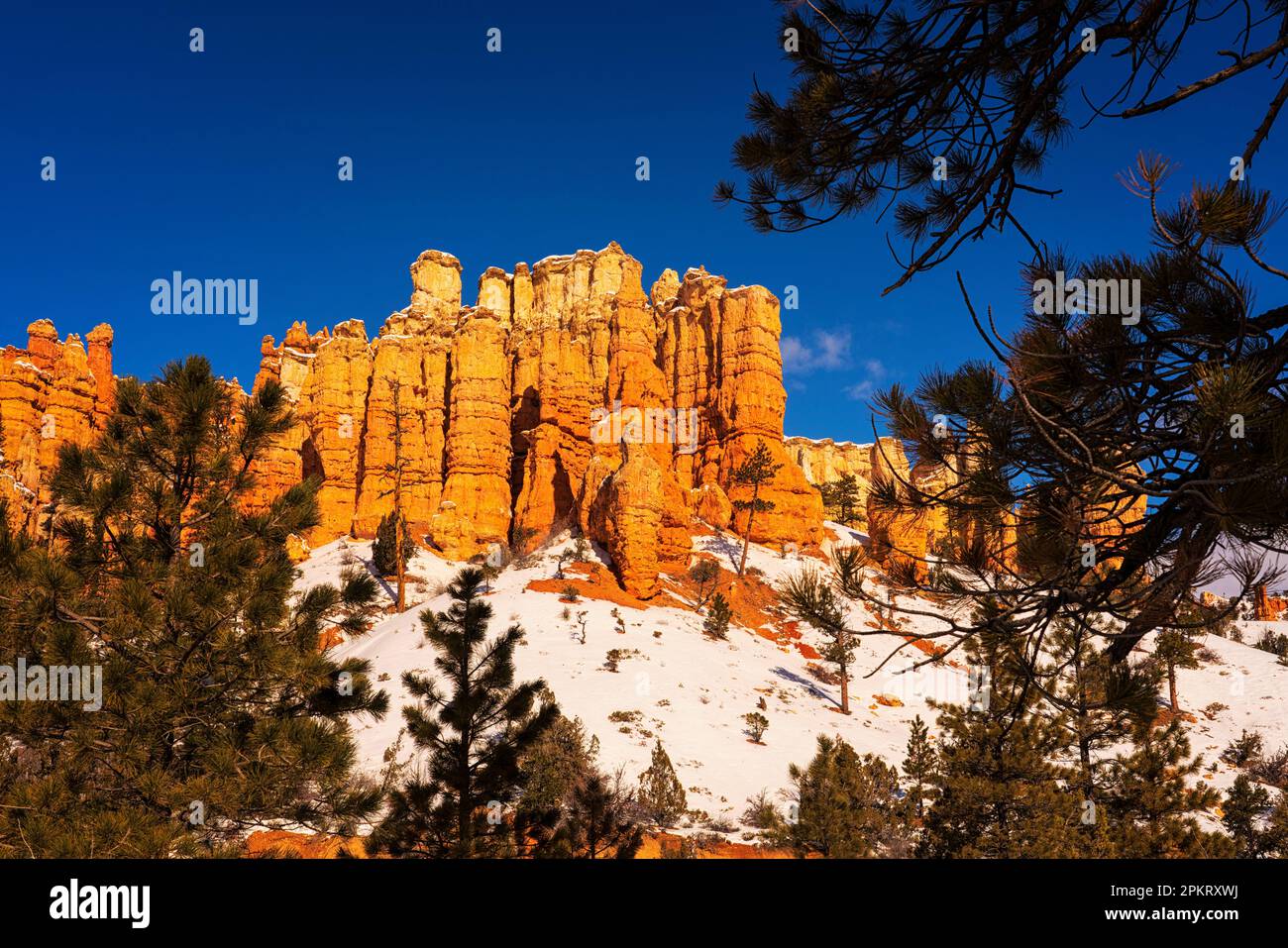 Winter at Mossy Cave Trailhead near Bryce Canyon and Tropic, Utah Stock Photo