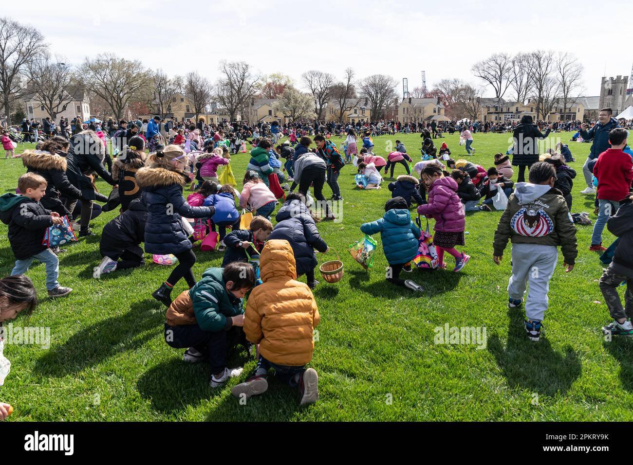New York, USA. 08th Apr, 2023. Kids and their parents and grandparents participate for Egg Hunt